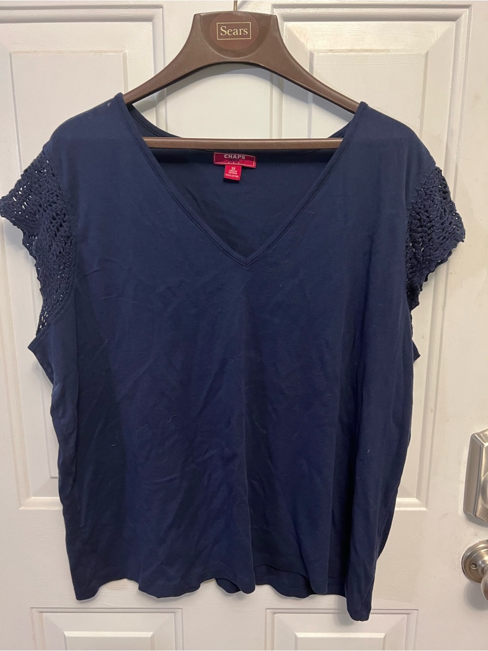 Chaps Women’s 3X Navy Blue V-Neck Crochet Cap Sleeve Cotton Top Plus Size